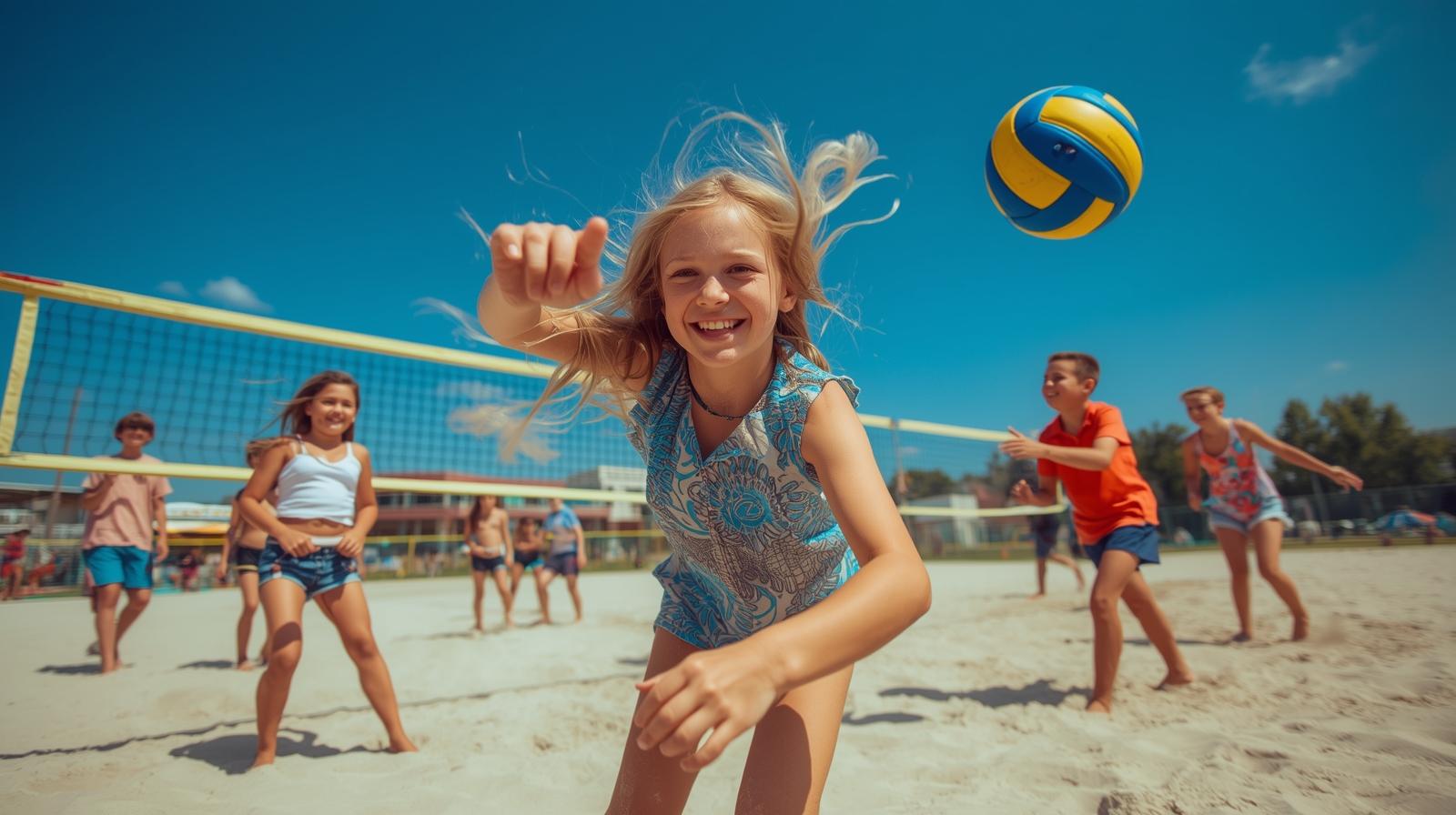 necesito una imagen de niños jugando en una pista de voleibol playa
